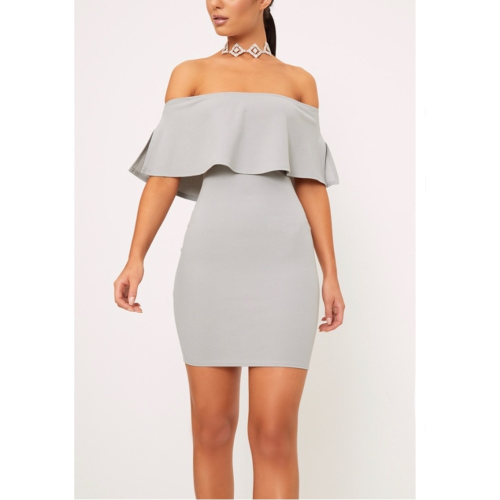 Pretty Little Thing - Grey Bardot Frill Bodycon Dress